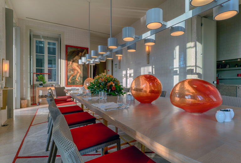 Contemporary long boardroom table setup inside the Winter Garden room